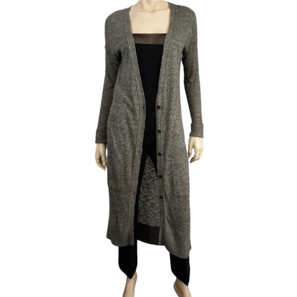 Vince Viscose Linen Longline Button Front Gray Cardigan Pockets Long Sleeves - Picture 2 of 16